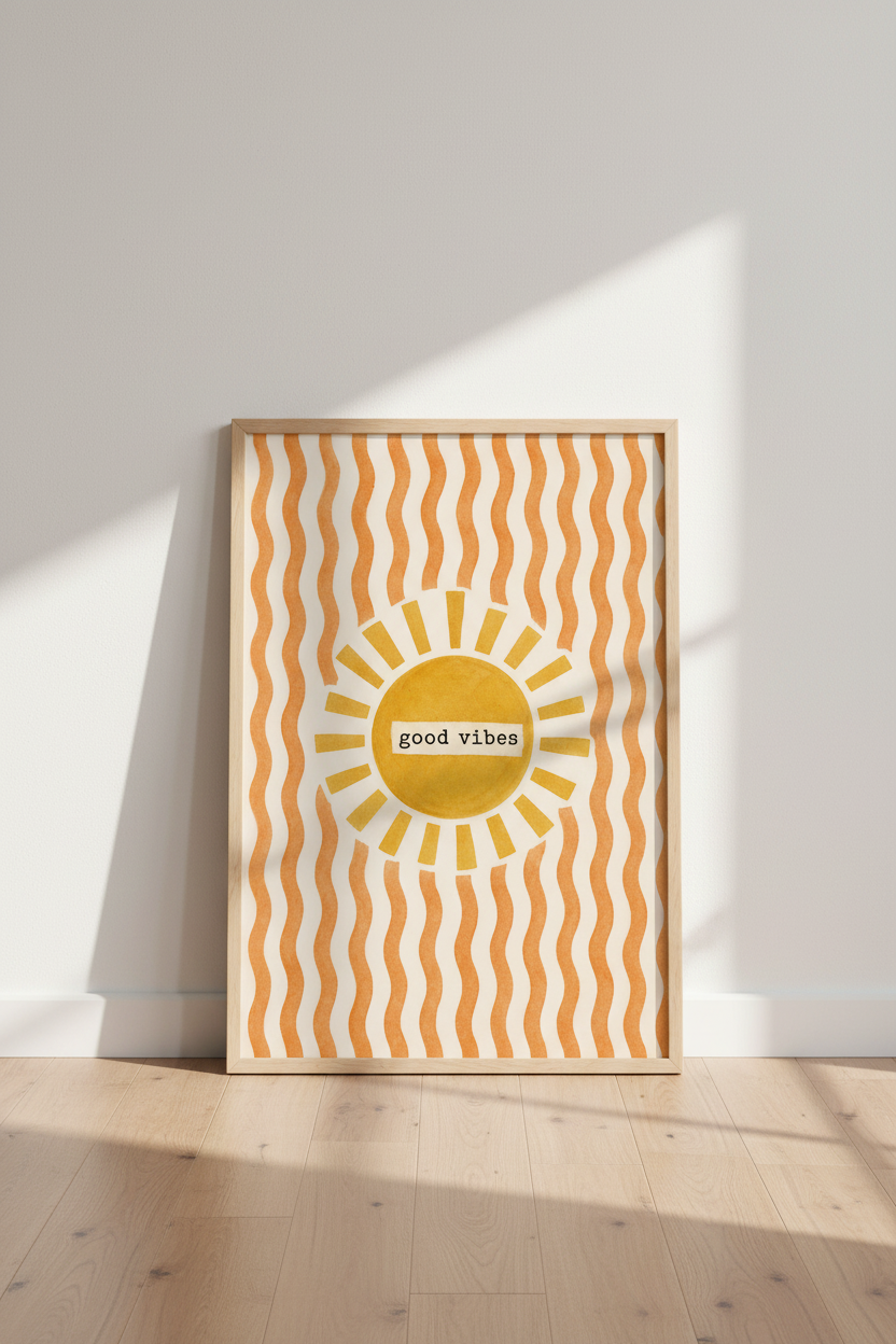 Good Vibes Sun Wall Art | Retro Orange Yellow Poster, Boho Dorm Decor