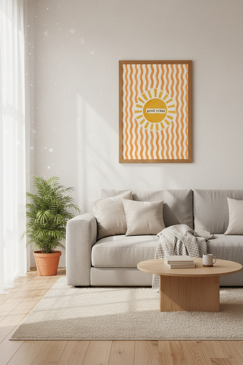 Good Vibes Sun Wall Art | Retro Orange Yellow Poster, Boho Dorm Decor