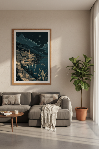 Amalfi Coast Night Wall Art | Italy Coastal Landscape Poster | Moody Navy Blue Decor
