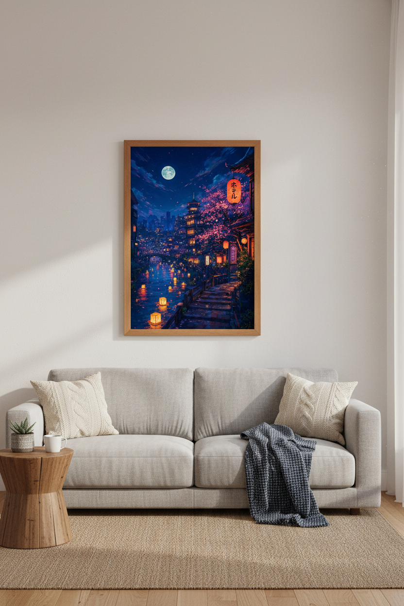 Japanese Night Cityscape Wall Art | Anime Lantern Poster, Bedroom Decor
