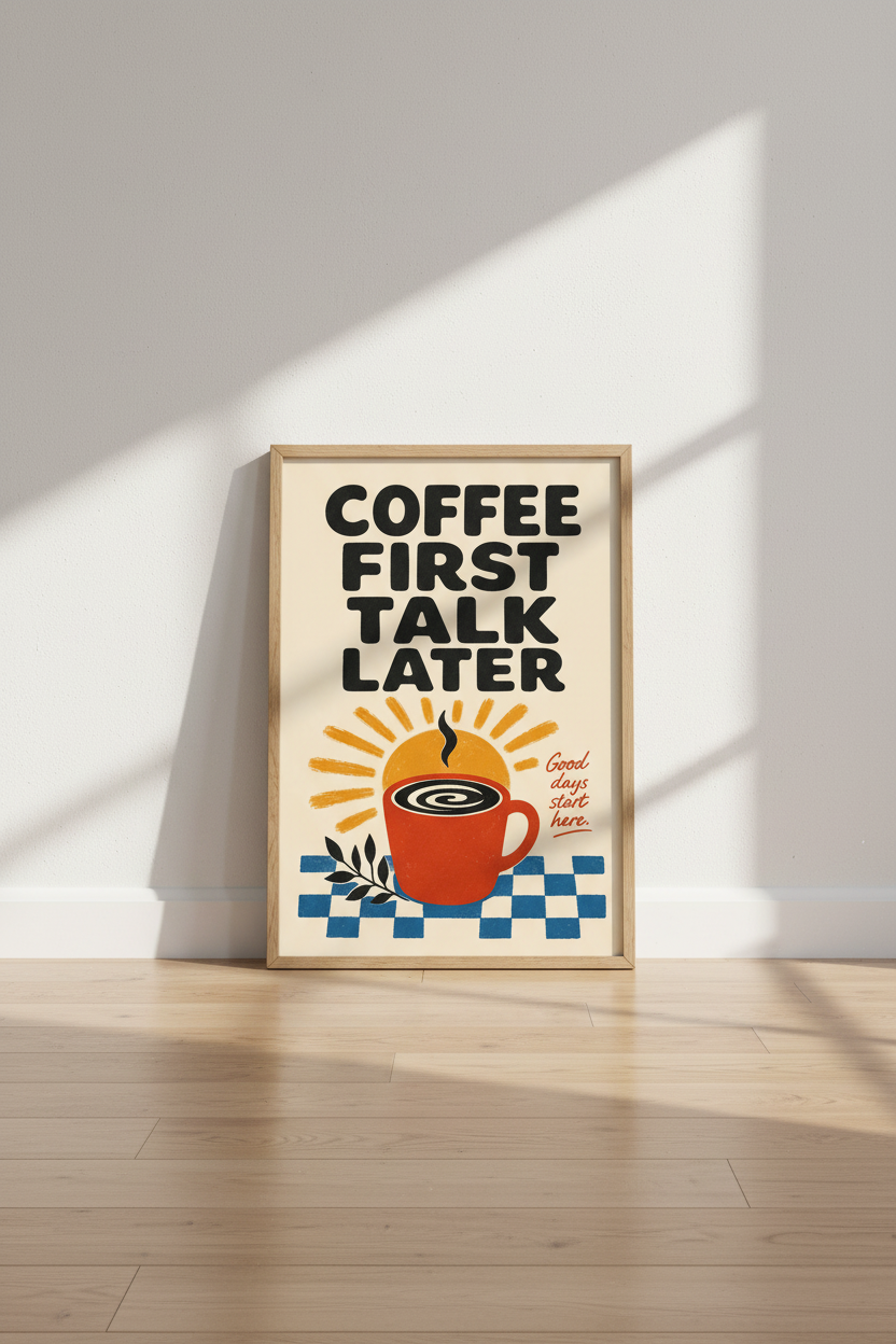 Coffee First Talk Later Art | Retro Kitchen Decor | Mid Century Modern Poster