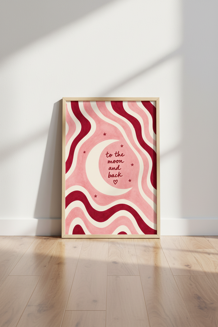 boho wall art print | Psychedelic waves, pink-cream palette | Living room decor