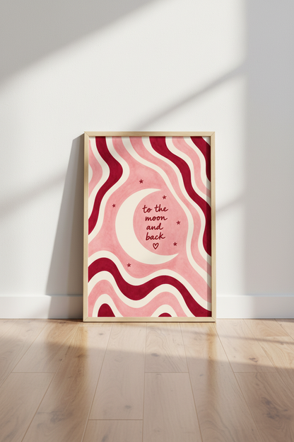 boho wall art print | Psychedelic waves, pink-cream palette | Living room decor
