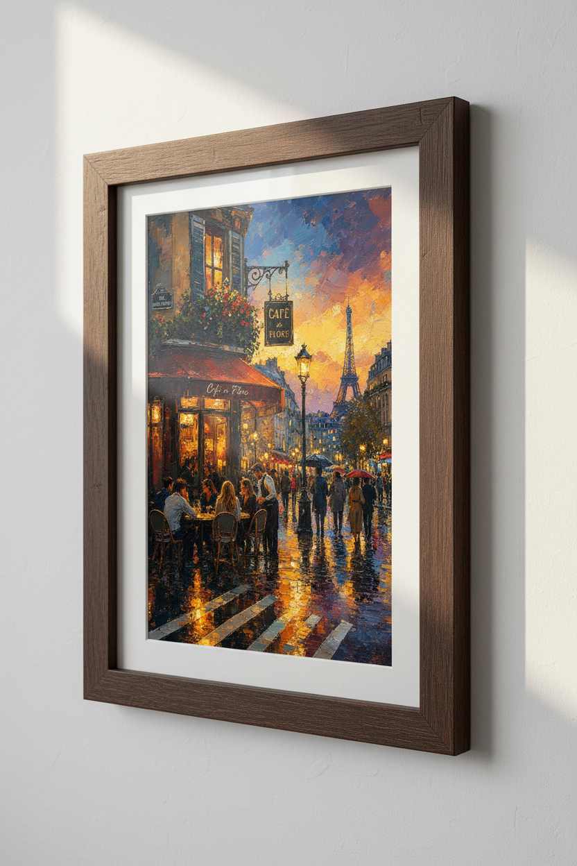 Paris Cafe Wall Art Print | Cafe de Flore Sunset, Eiffel Tower Living Room Decor
