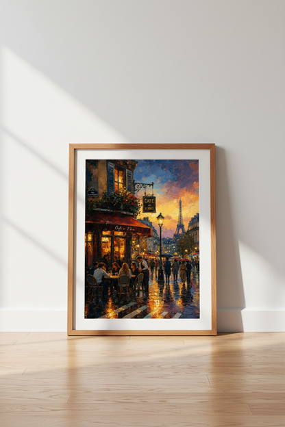 Paris Cafe Wall Art Print | Cafe de Flore Sunset, Eiffel Tower Living Room Decor