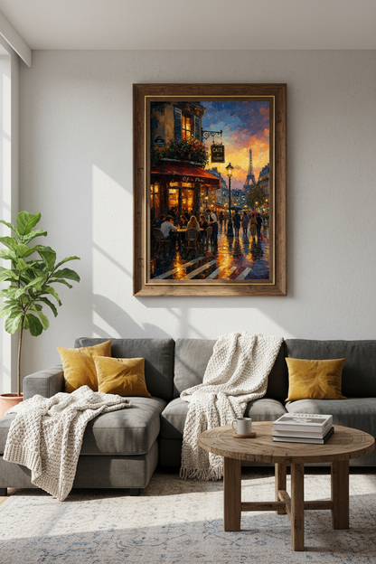 Paris Cafe Wall Art Print | Cafe de Flore Sunset, Eiffel Tower Living Room Decor