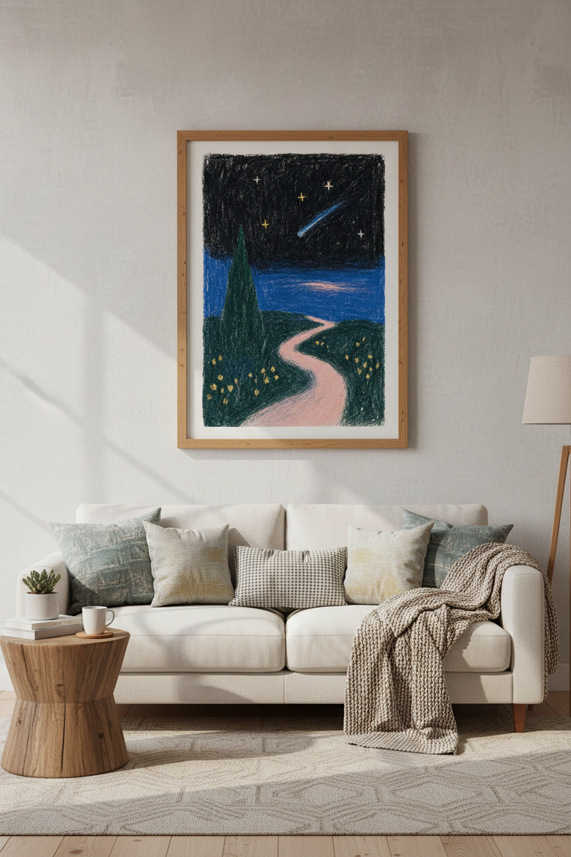 Starry Night Landscape | Whimsical Oil Pastel Style, Bedroom Decor