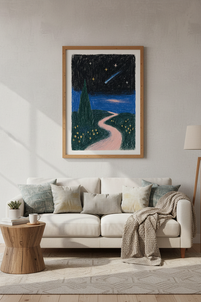 Starry Night Landscape | Whimsical Oil Pastel Style, Bedroom Decor