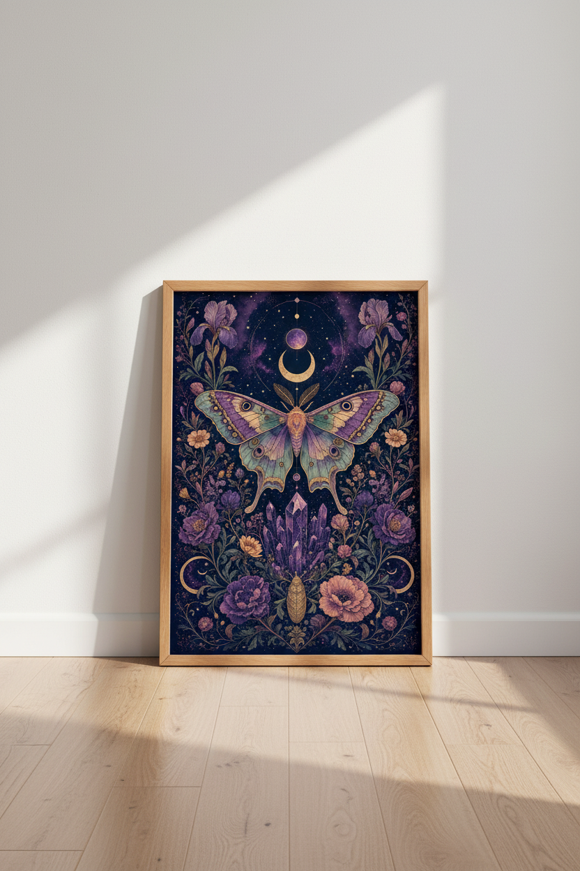 Celestial Luna Moth Wall Art | Mystical Gothic Crystal Print | Dark Academia Poster