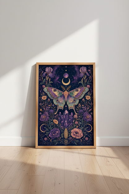 Celestial Luna Moth Wall Art | Mystical Gothic Crystal Print | Dark Academia Poster