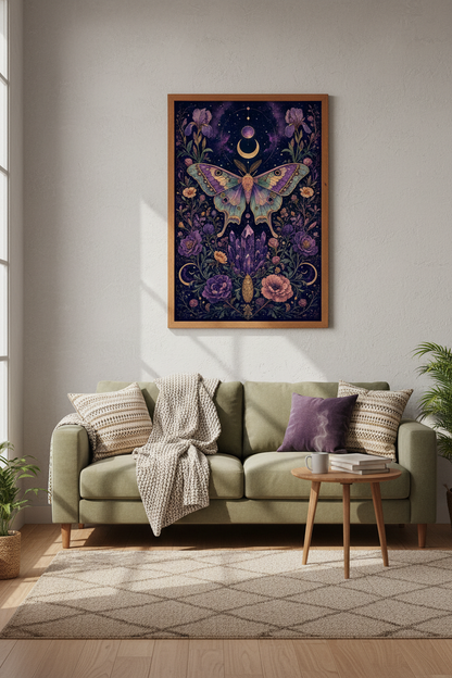 Celestial Luna Moth Wall Art | Mystical Gothic Crystal Print | Dark Academia Poster
