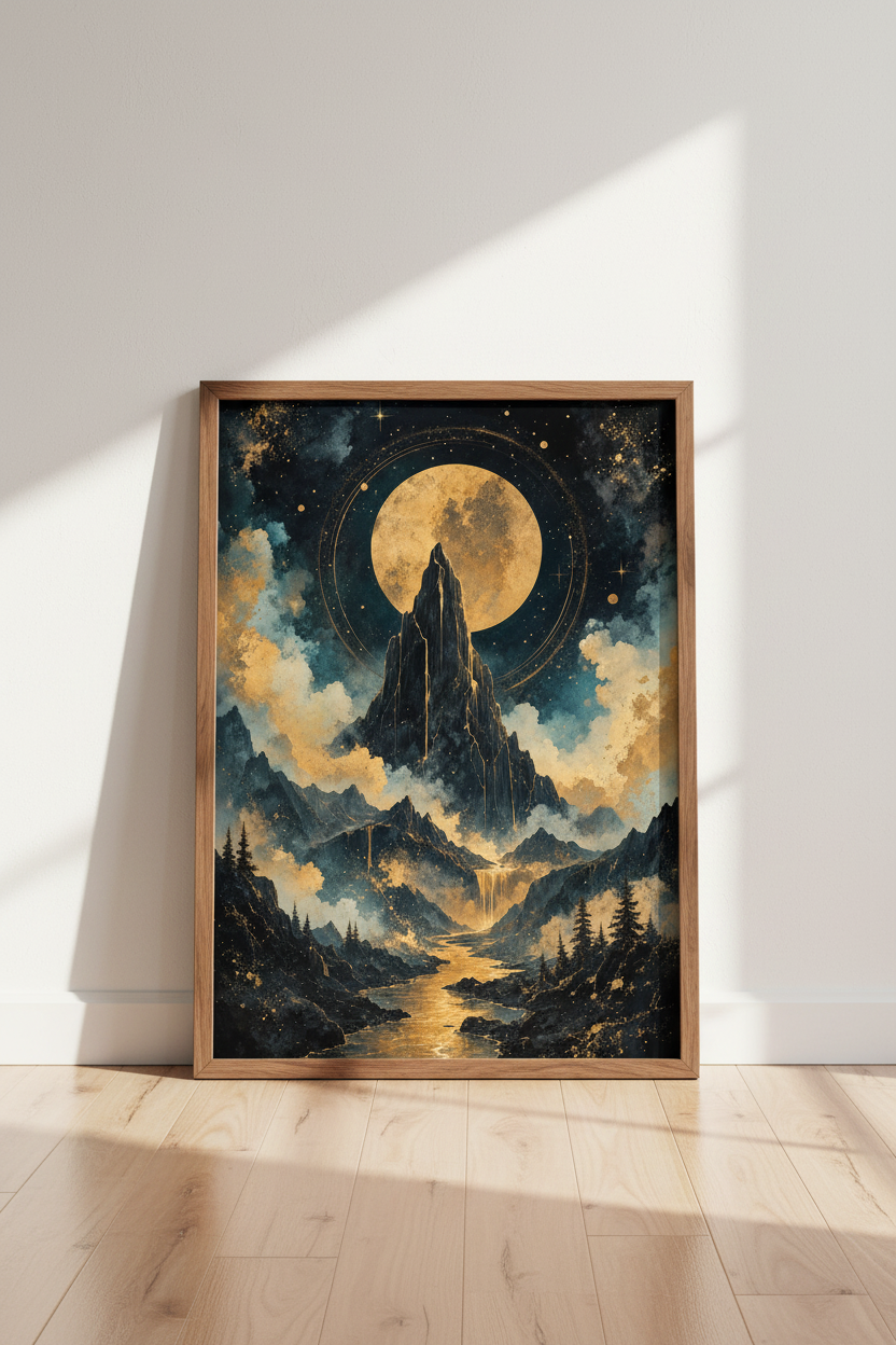 Celestial Mountain Moon Wall Art | Gold &amp; Navy Landscape Decor | Mystic Poster