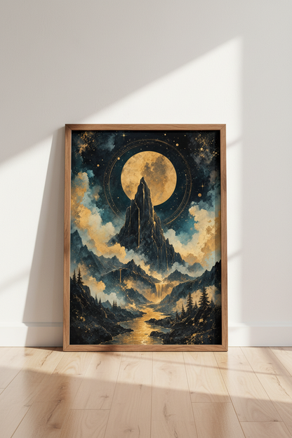 Celestial Mountain Moon Wall Art | Gold &amp; Navy Landscape Decor | Mystic Poster