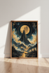 Celestial Mountain Moon Wall Art | Gold & Navy Landscape Decor | Mystic Poster