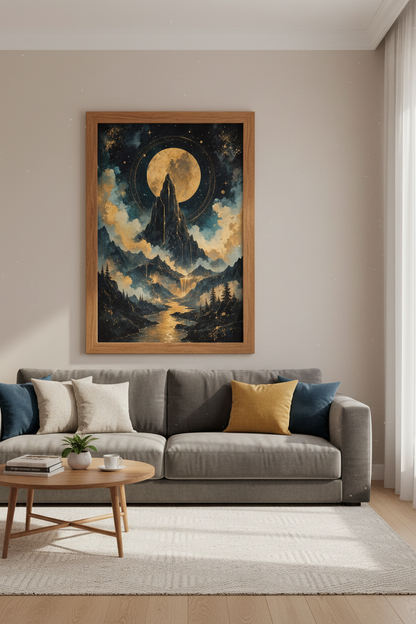 Celestial Mountain Moon Wall Art | Gold &amp; Navy Landscape Decor | Mystic Poster