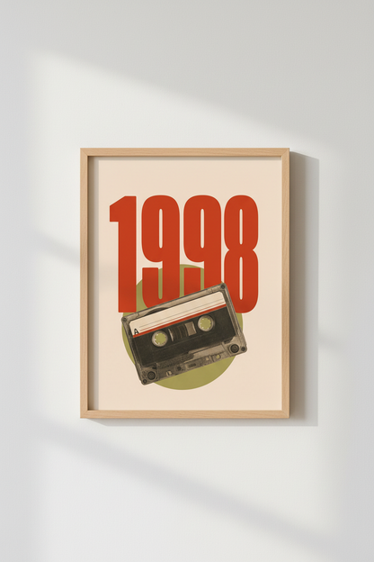 1998 Cassette Wall Art Print | Retro 90s Music Poster, Dorm &amp; Office Decor