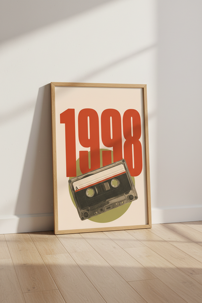 1998 Cassette Wall Art Print | Retro 90s Music Poster, Dorm &amp; Office Decor