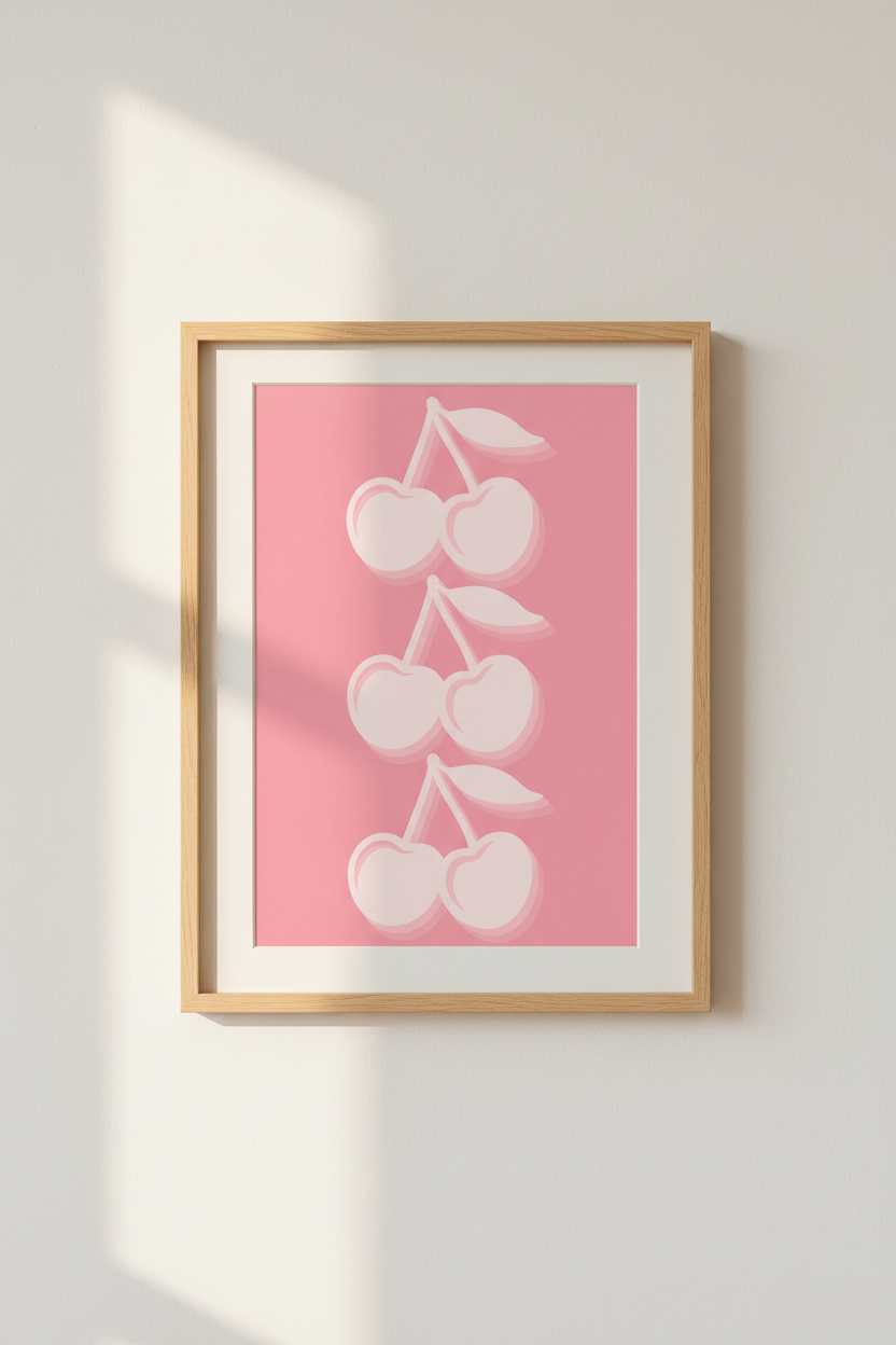 Pink Cherry Wall Art Print | Pastel Coquette Dorm Decor | Retro Fruit Poster