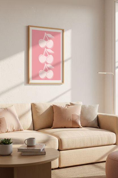 Pink Cherry Wall Art Print | Pastel Coquette Dorm Decor | Retro Fruit Poster