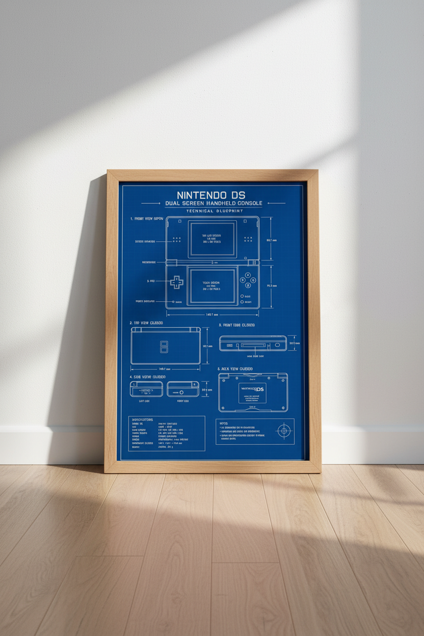 Nintendo DS Blueprint Wall Art | Retro Gaming Poster, Game Room Decor