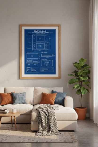 Nintendo DS Blueprint Wall Art | Retro Gaming Poster, Game Room Decor