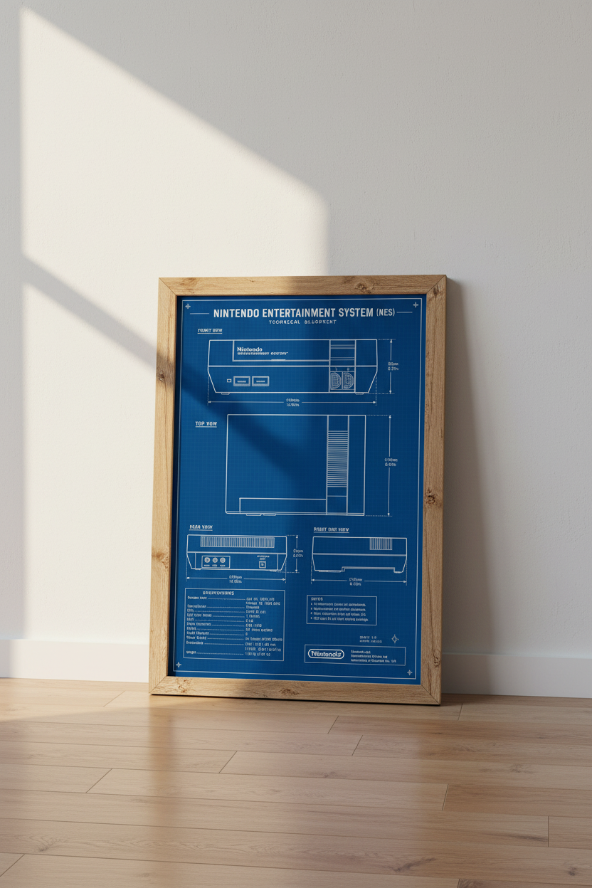 NES Technical Blueprint Wall Art | Retro Gaming Decor, Gamer Man Cave Poster