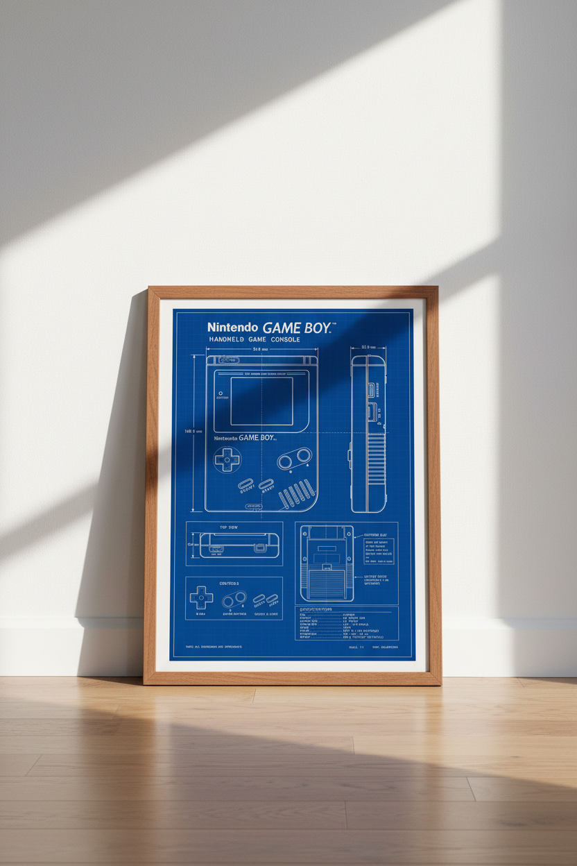 Game Boy Blueprint Wall Art | Retro Gaming Decor | Blue Technical Poster