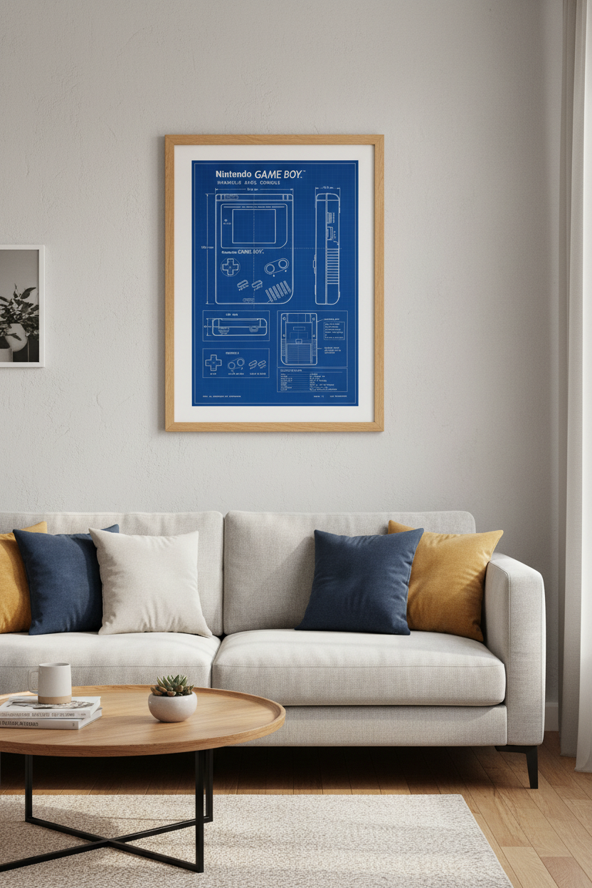 Game Boy Blueprint Wall Art | Retro Gaming Decor | Blue Technical Poster