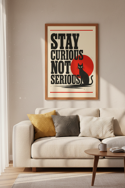 Black Cat Stay Curious Wall Art | Bold Typography Poster, Modern Home Office Decor
