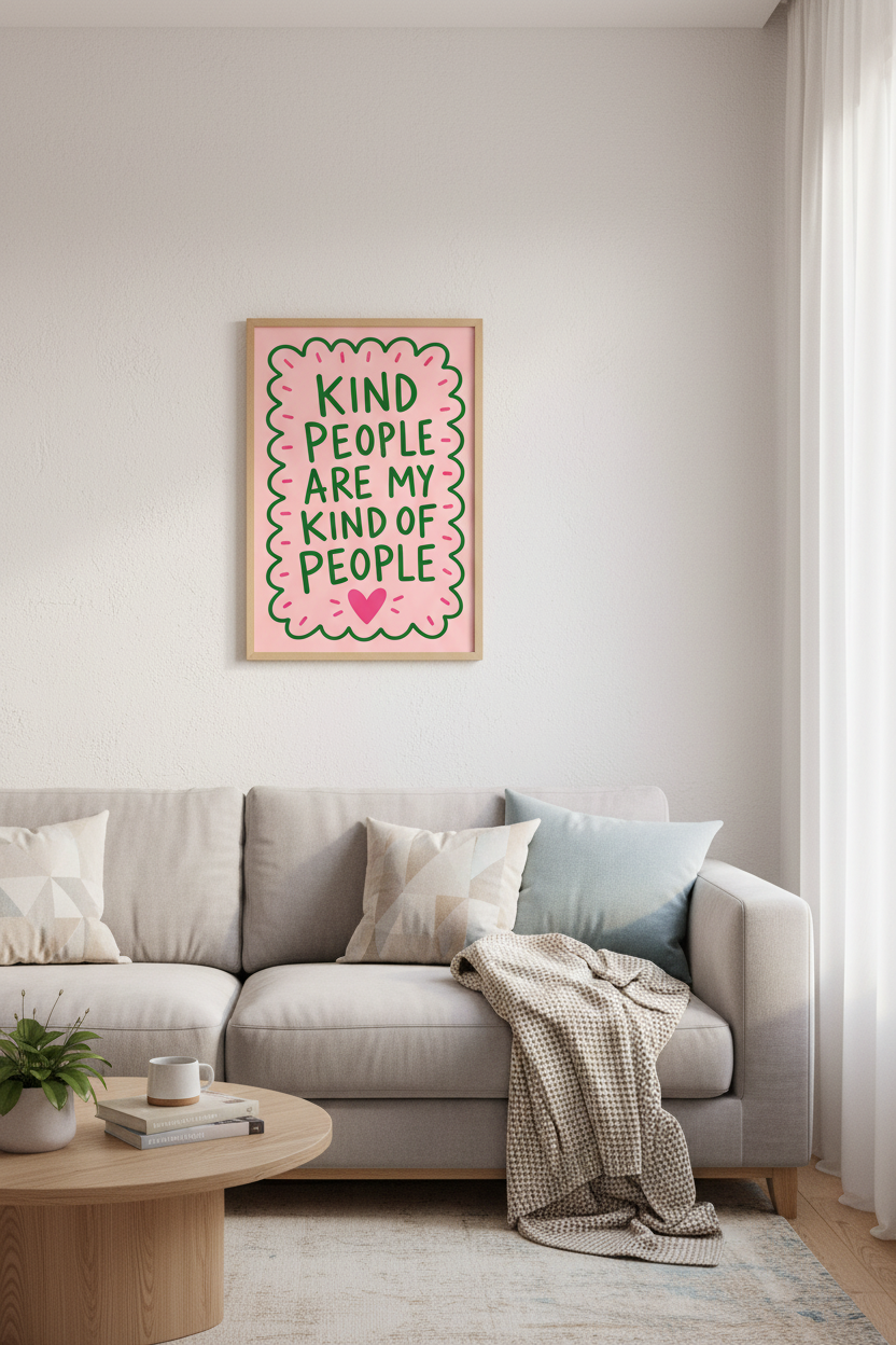 Kind People Quote Wall Art Print | Pink &amp; Green Positivity Poster | Retro Aesthetic Decor