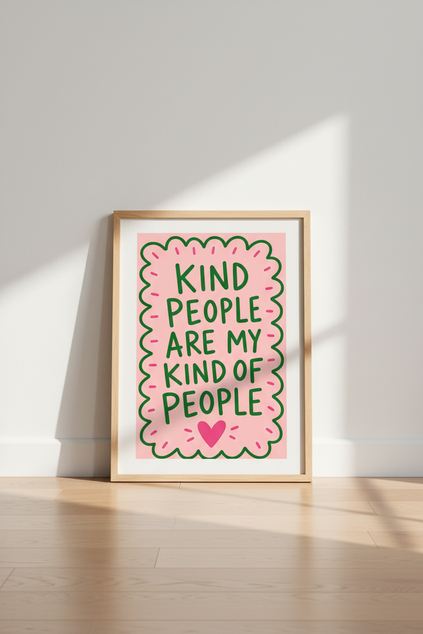 Kind People Quote Wall Art Print | Pink &amp; Green Positivity Poster | Retro Aesthetic Decor