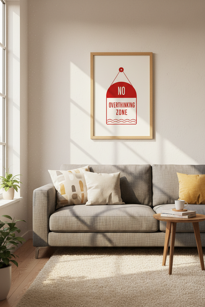 No Overthinking Zone Wall Art | Minimalist Red Graphic Poster, Modern Office Decor