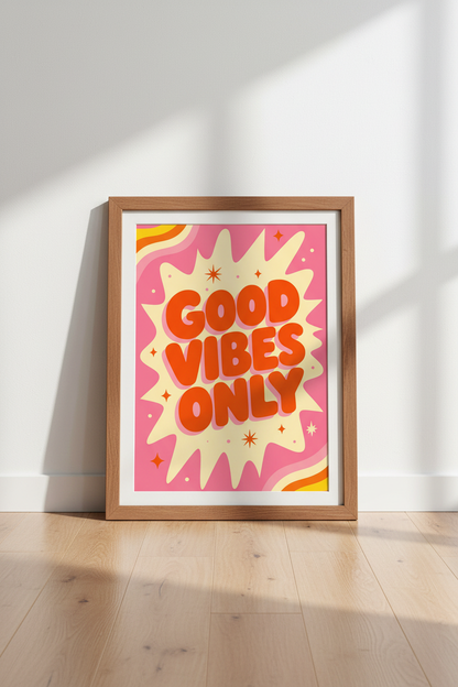 Good Vibes Only Retro Wall Art | Pink &amp; Orange Groovy Decor | Positive Quote Poster