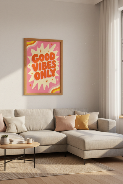 Good Vibes Only Retro Wall Art | Pink &amp; Orange Groovy Decor | Positive Quote Poster