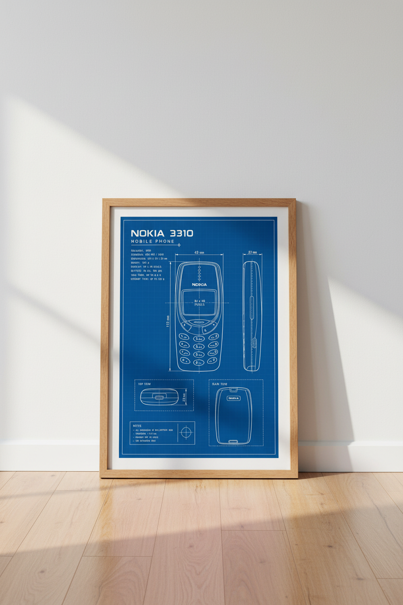 Nokia 3310 Blueprint Wall Art | Retro Tech Decor | Gaming Room Poster