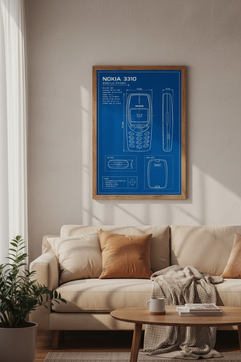 Nokia 3310 Blueprint Wall Art | Retro Tech Decor | Gaming Room Poster