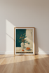 Japanese Still Life Persimmon Wall Art | Teal Floral Print, Zen Dining Decor
