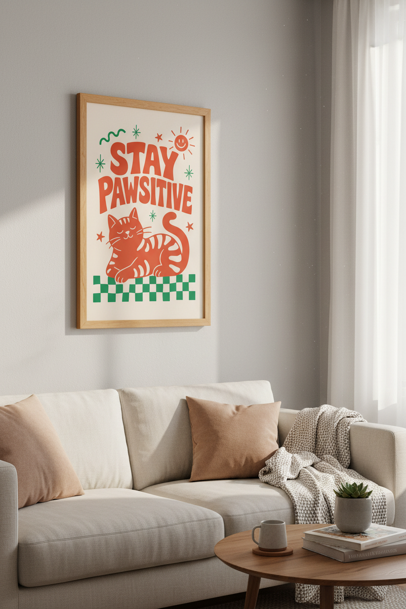 Stay Pawsitive Cat Wall Art | Retro Mid-Century Poster, Eclectic Colorful Decor