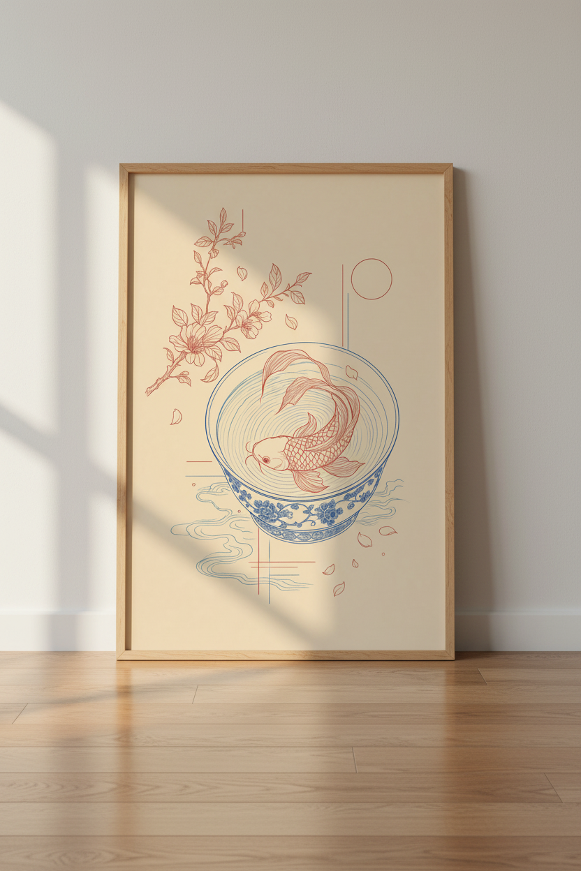 Koi Fish in Bowl Art Print | Japanese Minimalist Red Blue Poster | Zen Living Room Decor