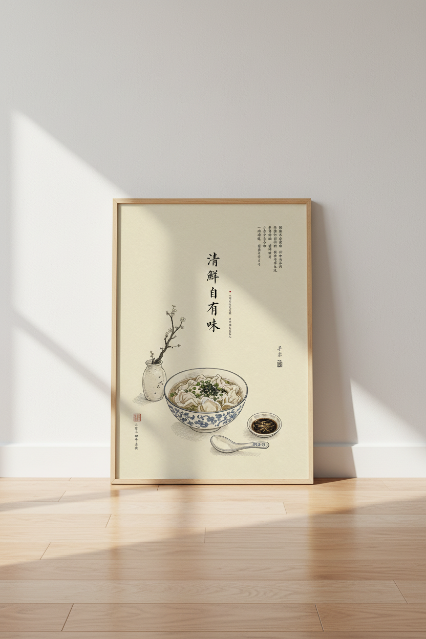 Japanese Wonton Soup Art | Minimalist Asian Food Illustration, Kitchen Decor
