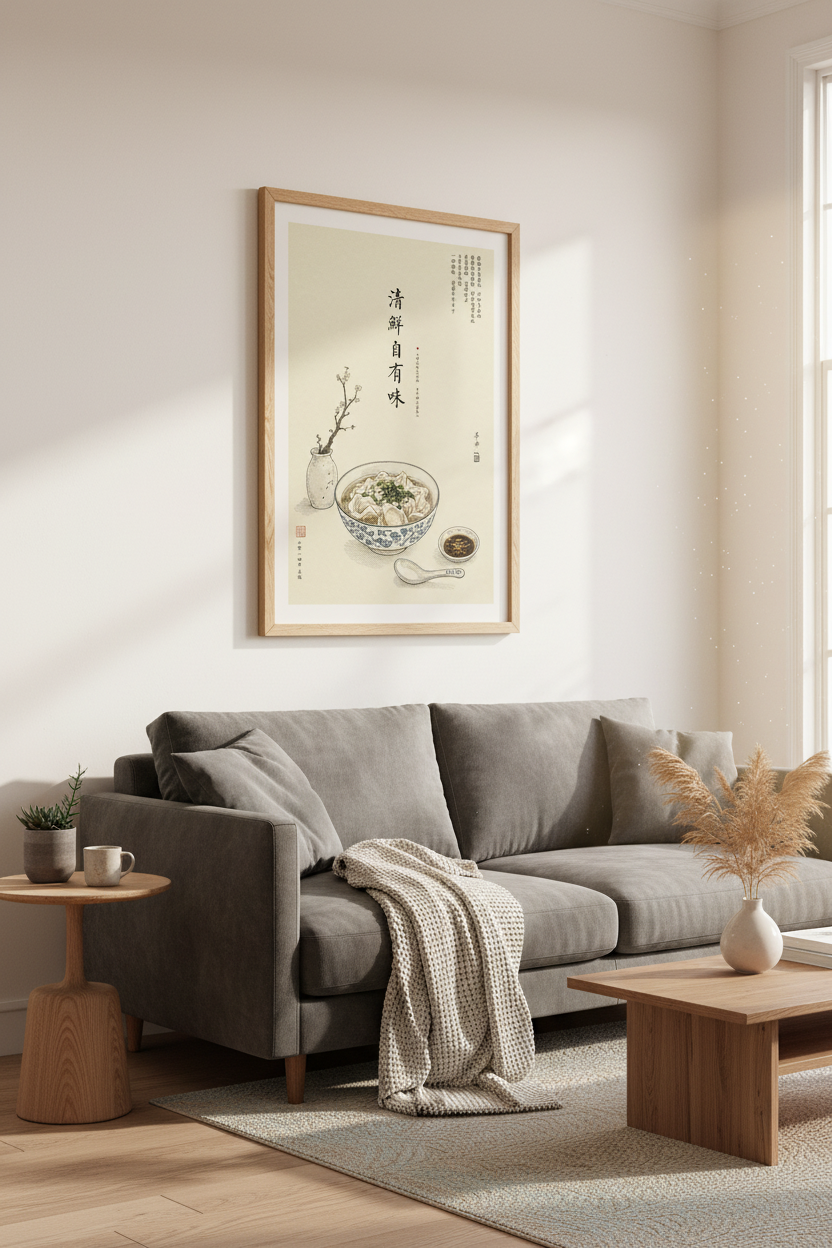 Japanese Wonton Soup Art | Minimalist Asian Food Illustration, Kitchen Decor