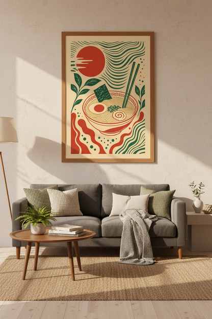 Ramen Bowl Japanese Wall Art | Red Sun Kitchen Decor | Modern Noodle Poster