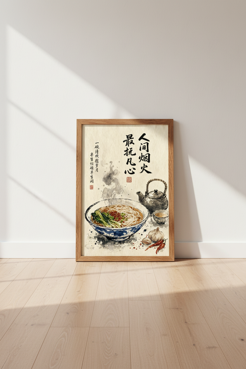 Japanese Ramen &amp; Tea Wall Art | Chinese Ink Wash Style, Kitchen Decor Print