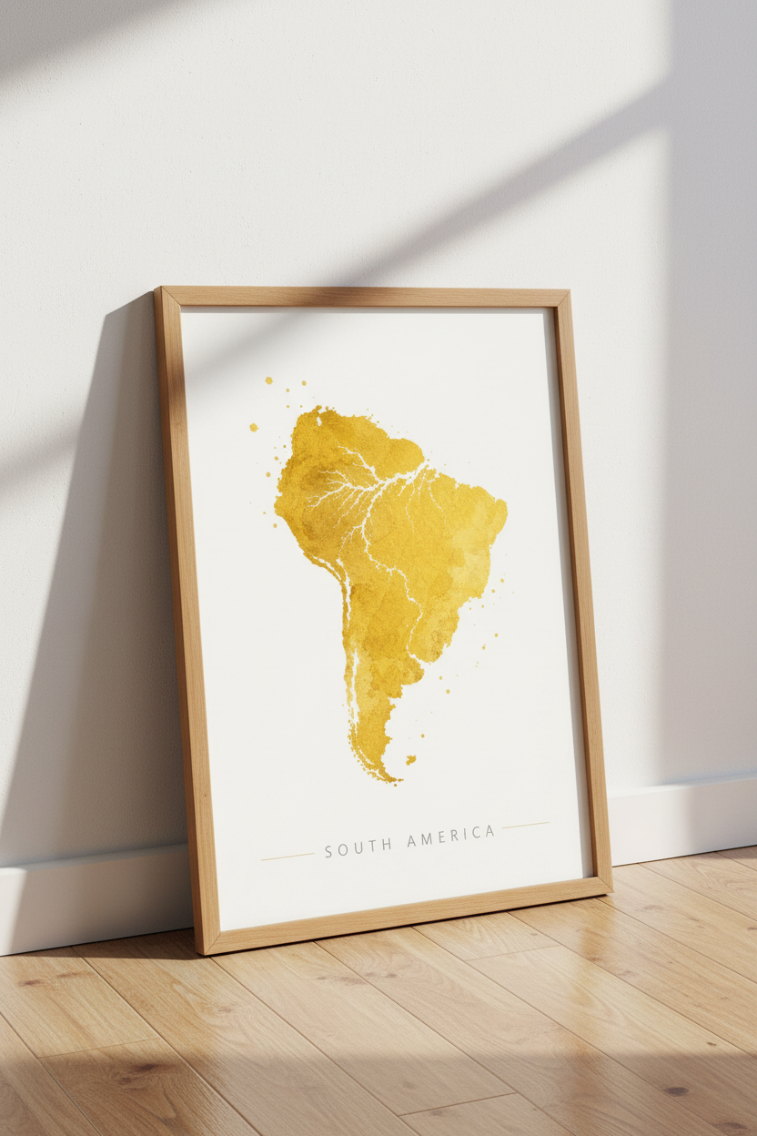 South America Map Wall Art | Gold Watercolor Poster, Modern Office Decor