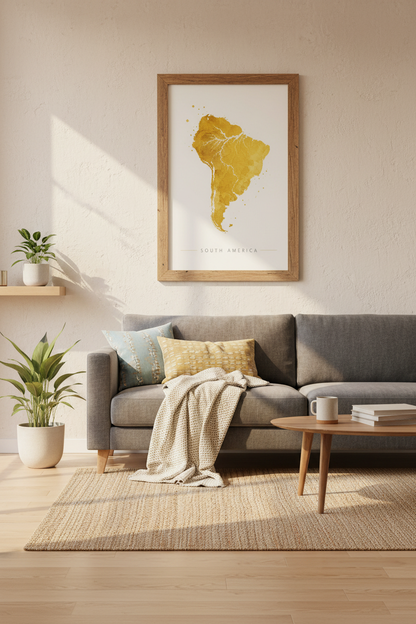 South America Map Wall Art | Gold Watercolor Poster, Modern Office Decor