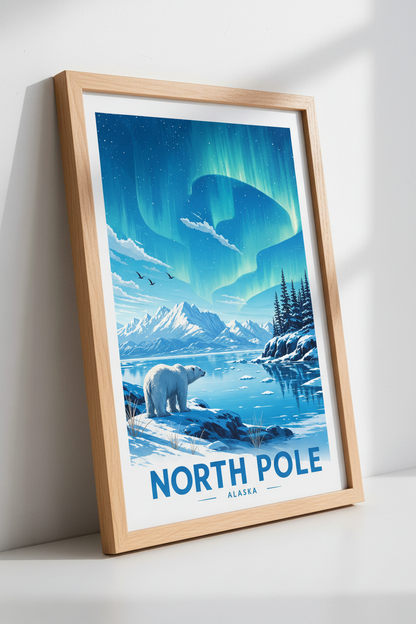 North Pole Aurora Borealis Poster | Polar Bear Travel Art, Alaskan Nature Decor