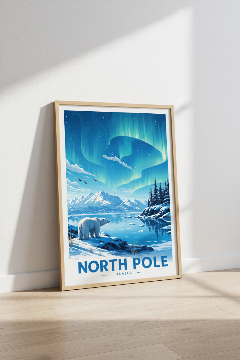 North Pole Aurora Borealis Poster | Polar Bear Travel Art, Alaskan Nature Decor