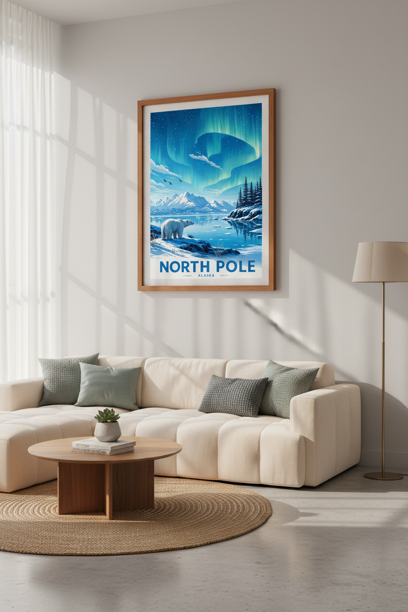 North Pole Aurora Borealis Poster | Polar Bear Travel Art, Alaskan Nature Decor