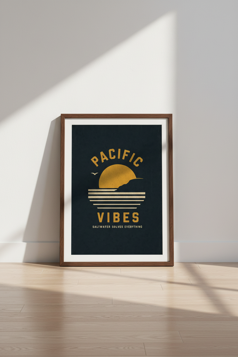Pacific Vibes Sunset Wall Art | Navy &amp; Gold Coastal Print, Beach House Decor