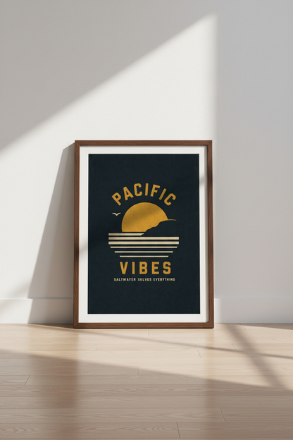 Pacific Vibes Sunset Wall Art | Navy &amp; Gold Coastal Print, Beach House Decor